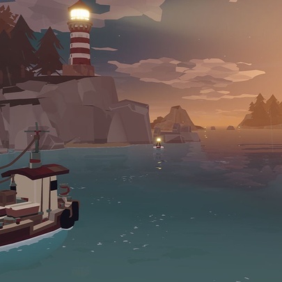 Illustration of a fishing trawler sailing near a lighthouse in the indie horror-fishing video game Dredge.