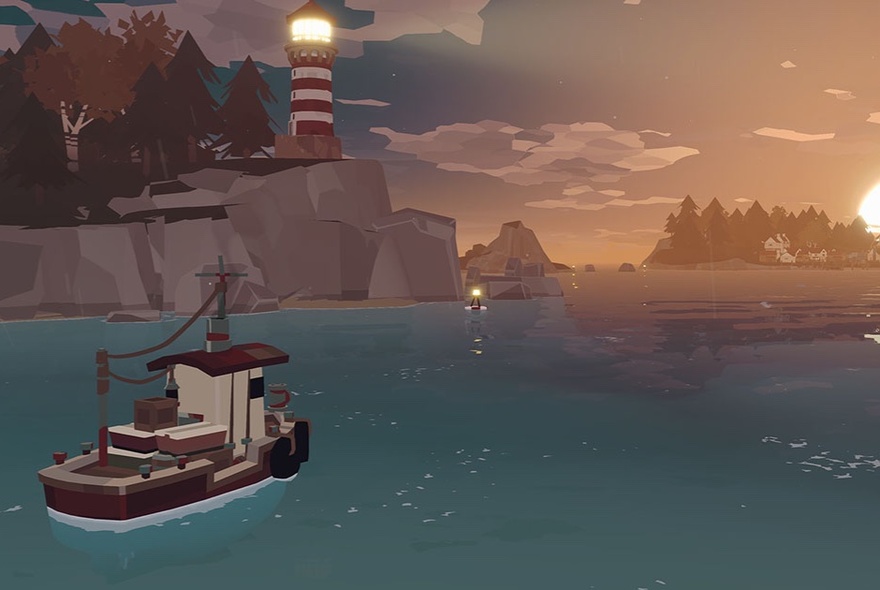 Illustration of a fishing trawler sailing near a lighthouse in the indie horror-fishing video game Dredge.