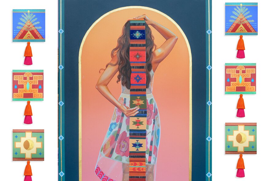 Painting of the back of a woman holding a woven totem-like piece of material from her head to the base of her spine in an archway with other totem designs around the image. 