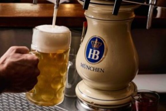 A person pouring a draft beer from a Hofbräu München tap into a traditional dimpled glass mug.