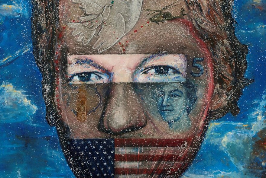 Artwork featuring Julian Assange's face in collage form with the American flag and the Queen's face taken from a bank note.