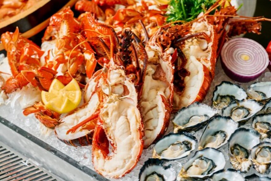 A seafood buffet including prawns, halved lobsters and oysters.