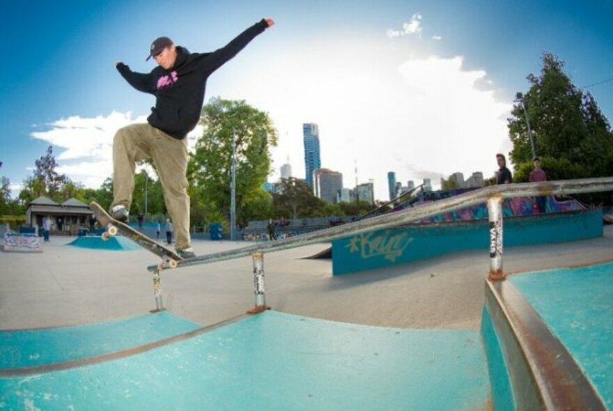 Person on a skateboard at Riverslide Skate Park.