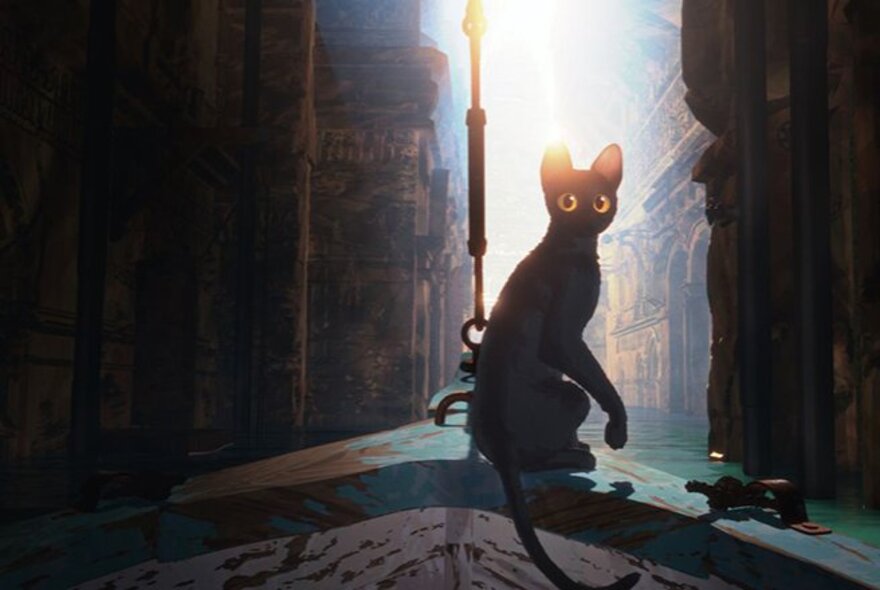 A still from an animated film showing a black cat sitting on the bow of a small boat as it floats down a canal between Venetian Gothic buildings.
