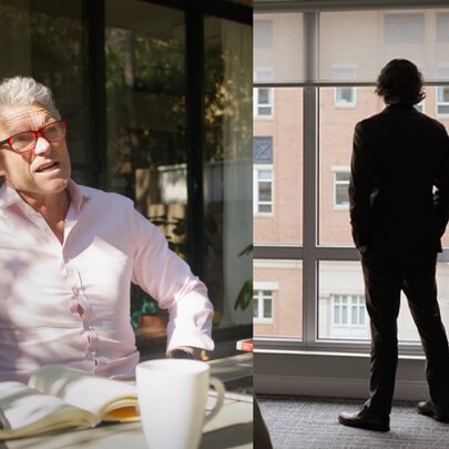 Double panel image, one side shows a man talking, seated at a table with a book and a cup before him; the other panel shows the back of a man in silhouette in a room looking out a window.