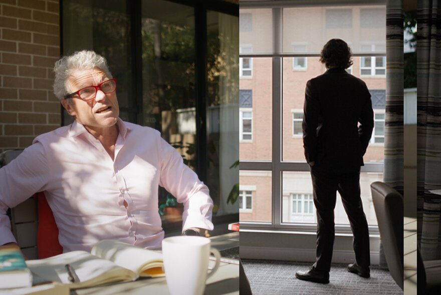 Double panel image, one side shows a man talking, seated at a table with a book and a cup before him; the other panel shows the back of a man in silhouette in a room looking out a window.