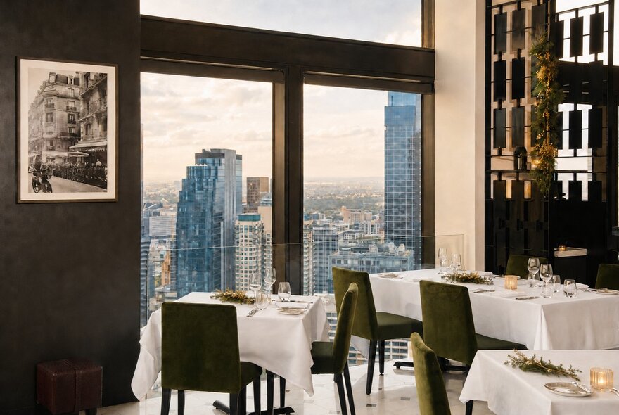 The dining room of No35 restaurant with large windows looking down at the skyline of Melbourne