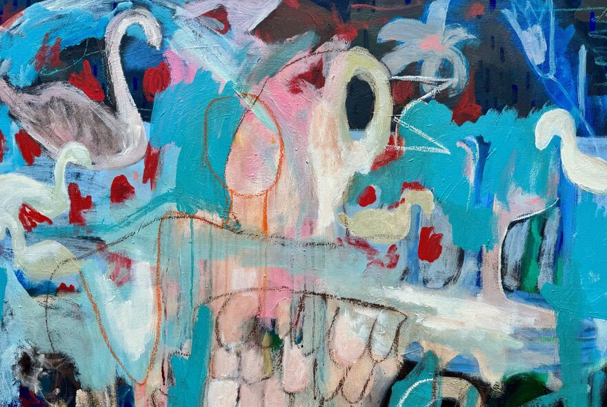 An abstract oil painting in shades of bright blue, white and pinkish hues.