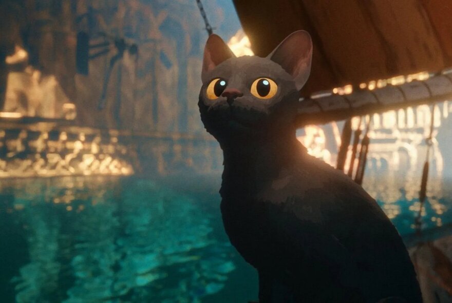Animated still from the film Flow, of a cat with large eyes, against a watery background.