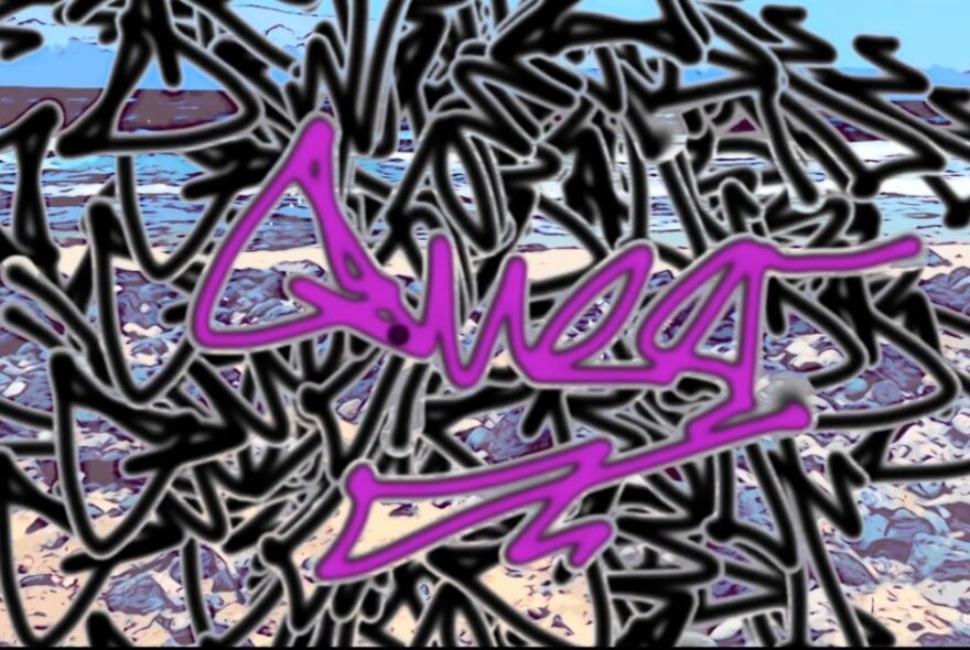 Black, white and purple graffiti or street art,  with the word QUEER written in purple type over a black scrawling design.