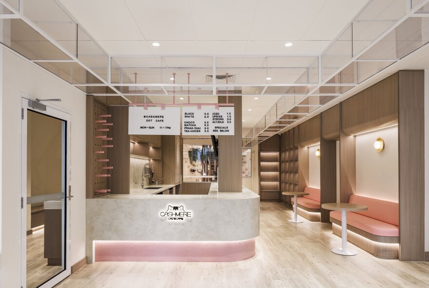 The front counter of the cat cafe with pink booths. 