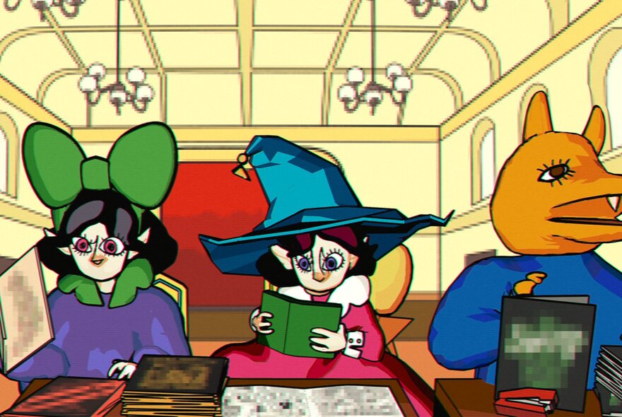 A colourful cartoon image of a girl wearing a large green bow in her black hair, a second girl wearing a blue witch's hat and a kangaroo wearing a blue jumper, all reading books in a library setting.