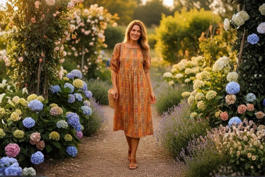 A woman modelling a mid-length, loose orange patterned dress in a garden with hydrangeas bordering the pathway. 