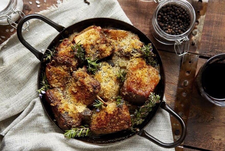 Fried bread with rosemary in a pan.