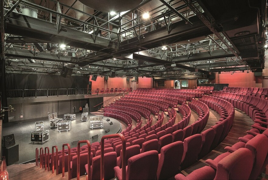 Seating and stage in Fairfax Studio, an intimate theatre space.