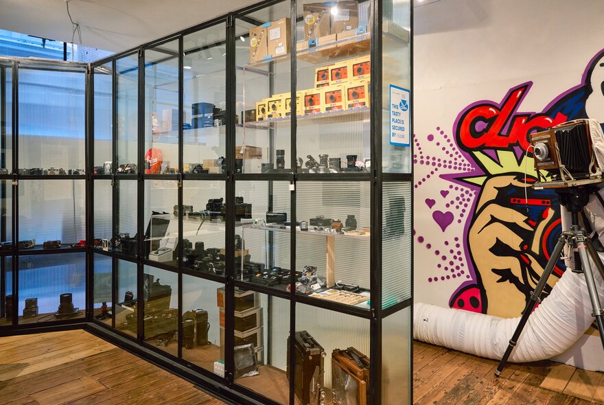 A camera store with vintage cameras in a glass cabinet 