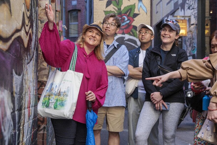 A tour group look at something a tour guide is pointing up at in a graffitied laneway. 