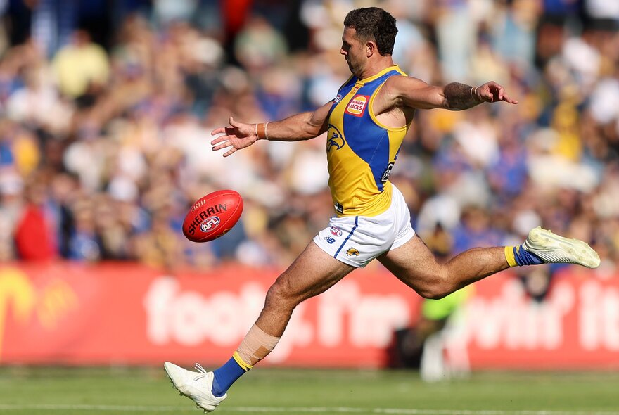 A West Coast AFL player running and just about to kick the football, on a footy oval, with a blurred crowd in the stadium seats in the background.