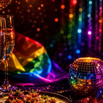 Two flute glasses of sparkling wine, a rainbow flag and a small disco mirror ball arranged on a table, with a sequined curtain in the background and sparkly lights.