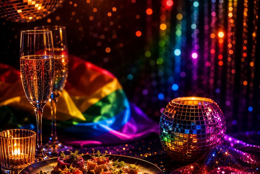 Two flute glasses of sparkling wine, a rainbow flag and a small disco mirror ball arranged on a table, with a sequined curtain in the background and sparkly lights.