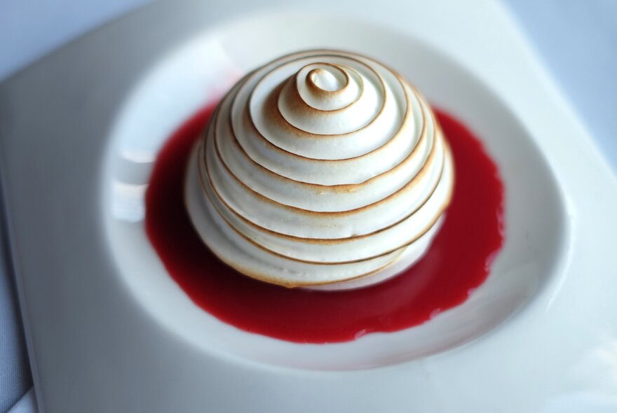 Spiral meringue dessert in a pool of red sauce in a shallow dessert bowl.