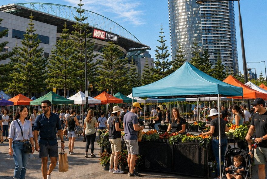 An outdoor farmers' market located in the Docklands area, with stalls selling fresh produce, people wandering around, and Marvel Stadium in the background.