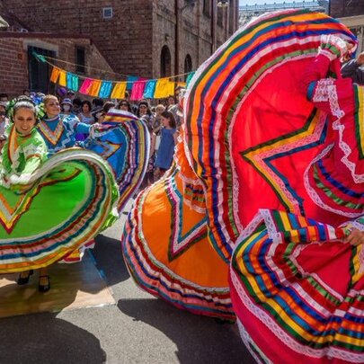 Spanish flamenco dancers swirling the skirts of their brightly coloured dresses.