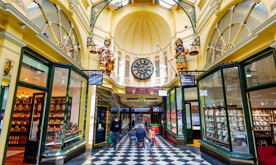 Inside a historic shopping arcade. 