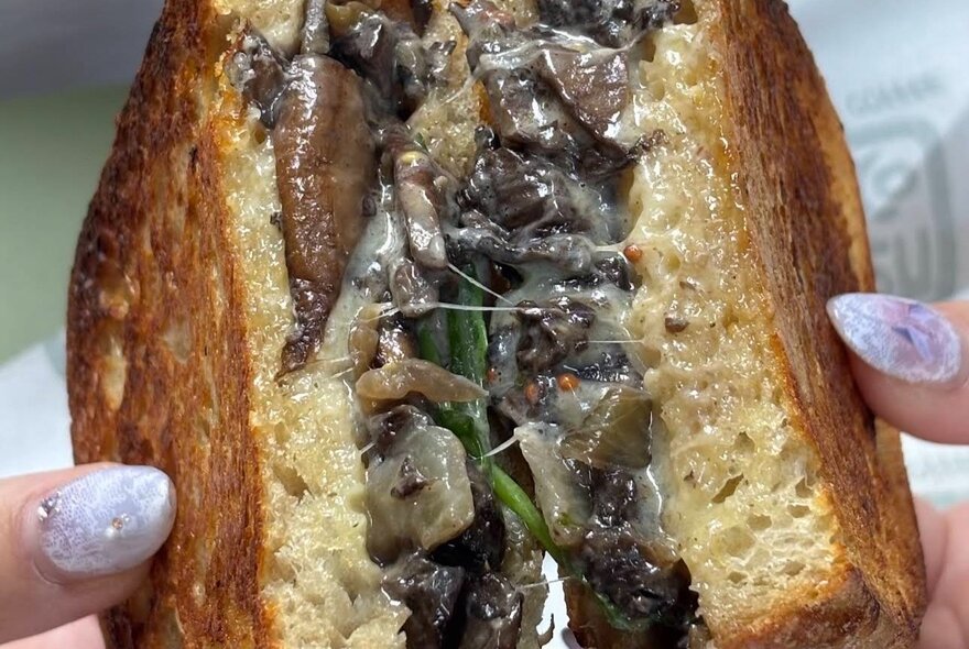 Hands holding a toasted mushroom sandwich.