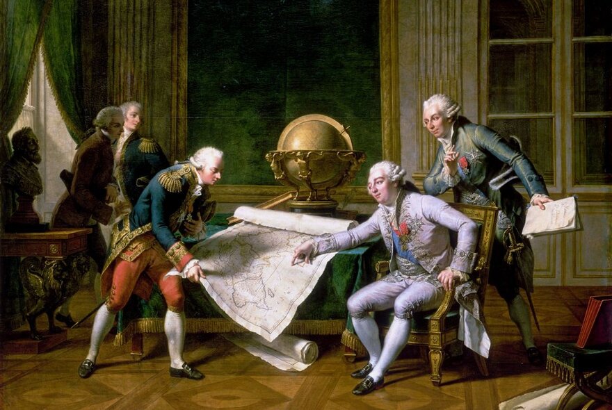 Oil painting of a group of men in Regency period clothing and short white wigs, in an elegant drawing room, three of them looking at a large map spread out on a table.