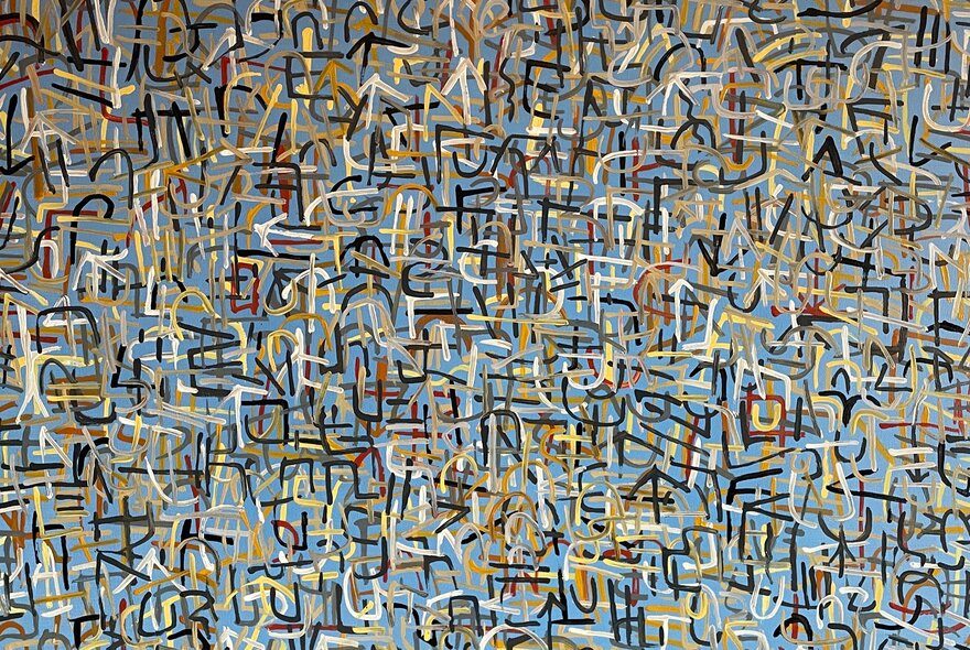 An abstract artwork with red, white, black and yellow lines.