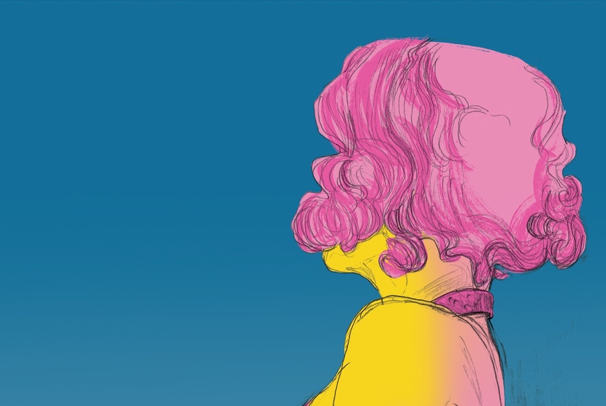 A drawing of a woman's head and shoulder in profile, face unseen under a mop of pink hair. 