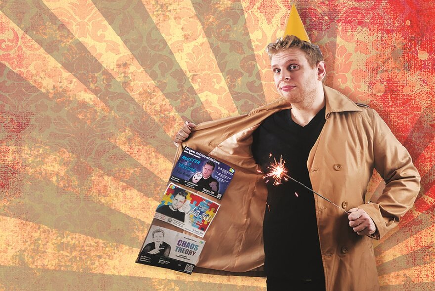 A man holding open a trench coat with picture of himself inside with a magic wand in the other hand and a sun ray background. 