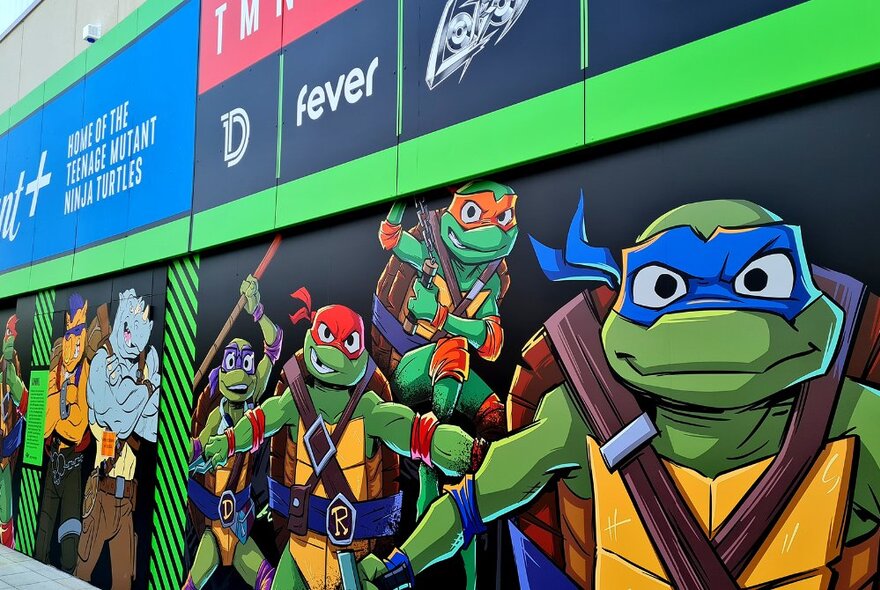 Signs and graphic illustrations on the walls at the entrance to the exhibition for the Teenage Mutant Ninja Turtles.