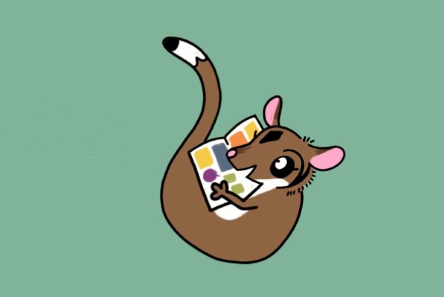 Cartoon style drawing of a possum reading a comic magazine, against a green background.