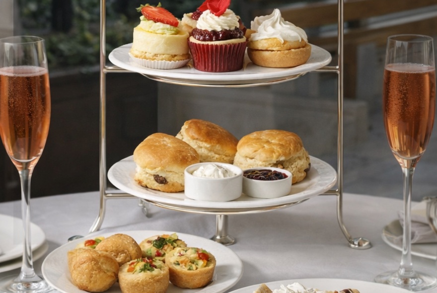 A table set for High Tea with a multi-tiered cake stand containing scones and cakes, a small plate of savoury pastries and two flutes of pink champagne.