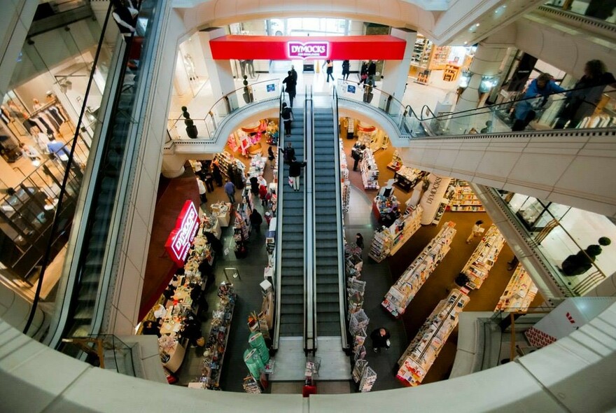 Looking down escalators to Dymocks basement bookshop.