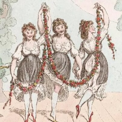 19th century watercolour of three ballet dancers on stage holding a long garland.