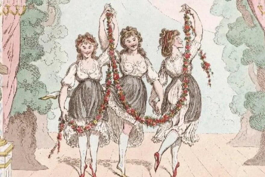 19th century watercolour of three ballet dancers on stage holding a long garland.