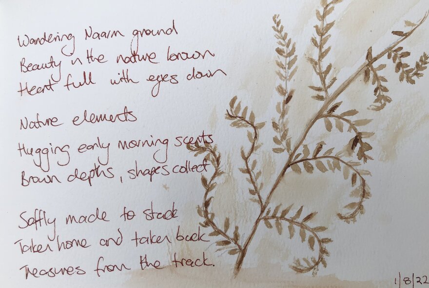 A hand-drawn botanical fern sketch alongside a handwritten nature poem in a journal. 