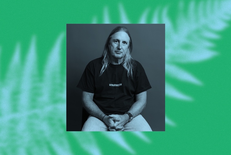 A black and white inset image of Tim Winton on a larger green image of a fern leaf.