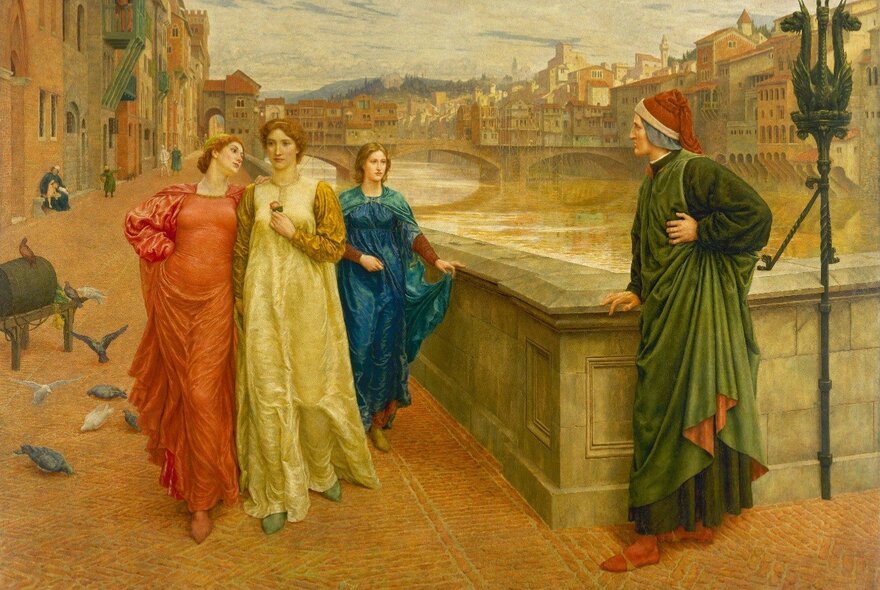 A renaissance painting of three women in a red, white and blue gowns and a man leaning in a long gown and cap leaning on a wall by a river. 