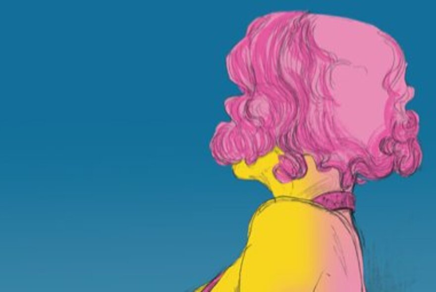 A painting of a woman in profile, face unseen, with a pink, wavy bob. 