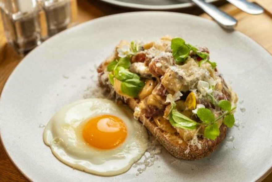 White plate with fried egg and toast.