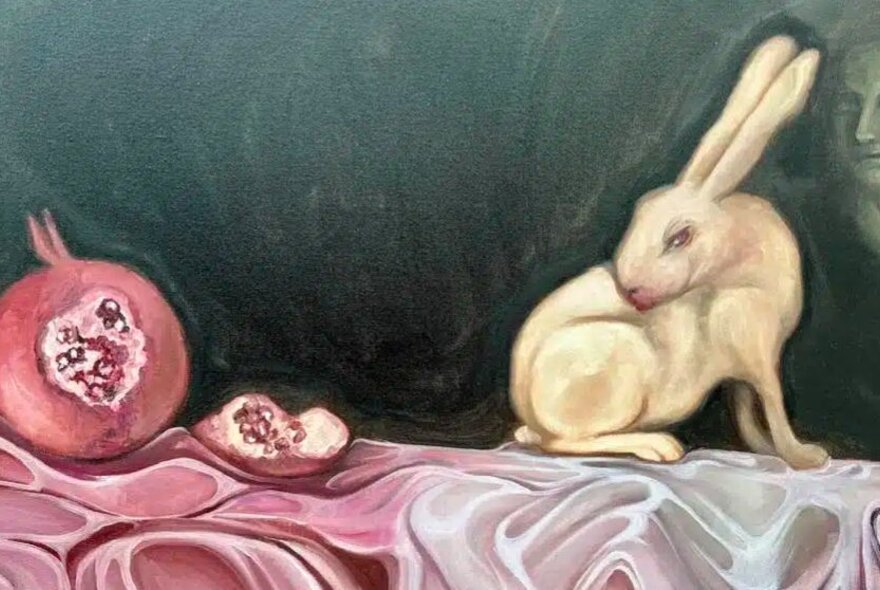 Artwork of a white rabbit grooming itself on a satin-draped counter next to a pink pomegranate.