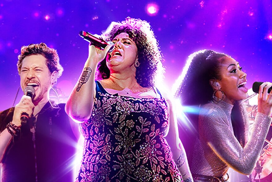 Rob Mills, Casey Donovan and Paulini, each shown on stage singing into a microphone and surrounded by bright lights.