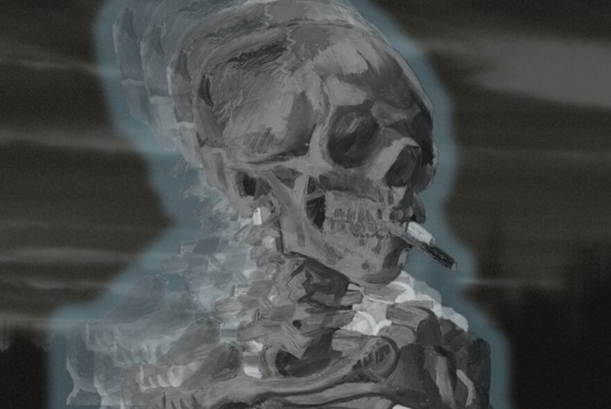 A blurred illustration of a skeleton head and upper torso, with a cigarette in its mouth.