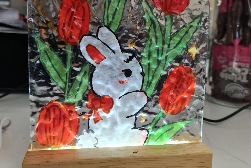 A hand painted glass lamp with a white rabbit and red flowers.