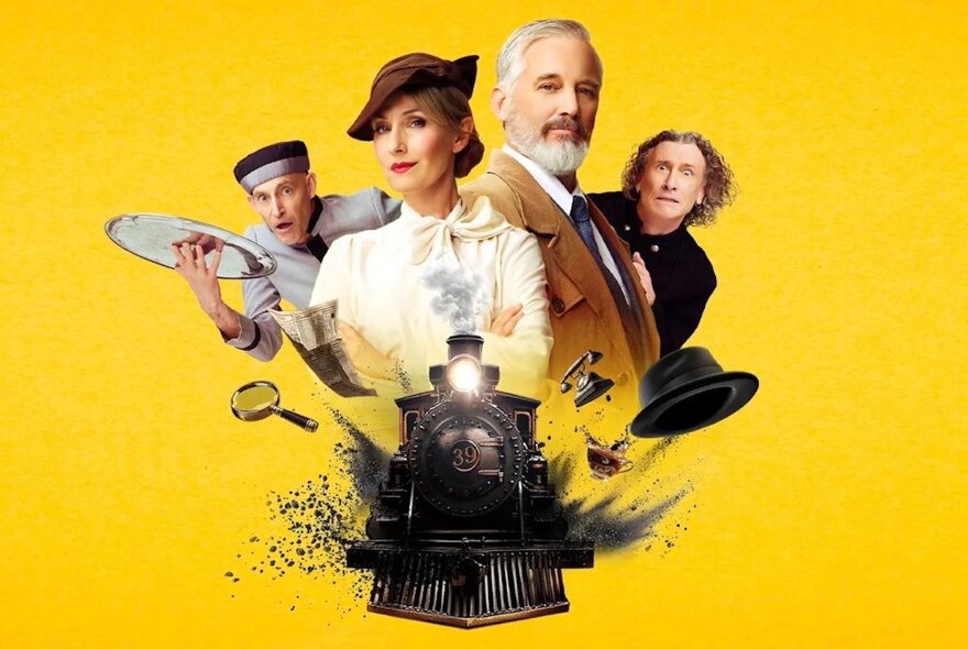 The four actors from the play The 39 Steps in character costume, superimposed on a yellow background above a black steam engine.