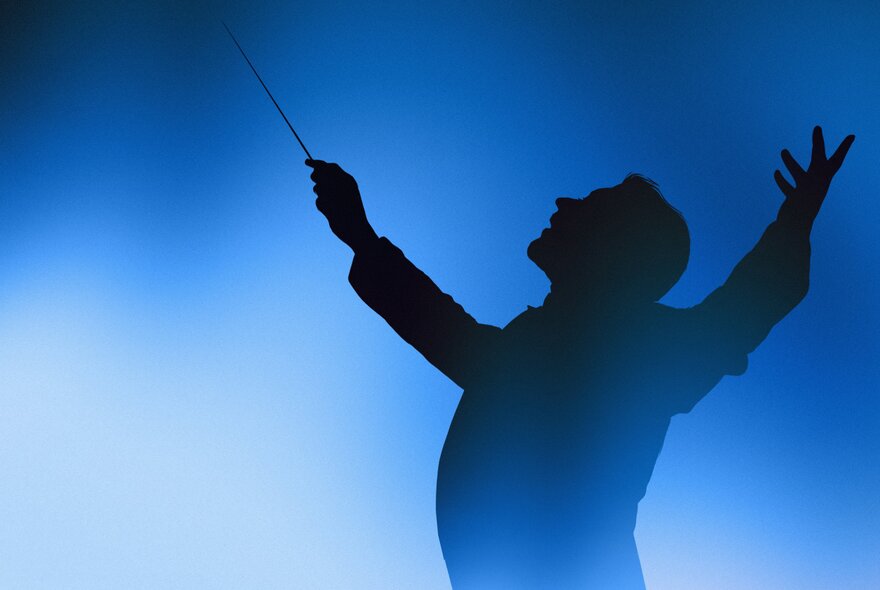 The silhouette of an orchestra conductor with his arms stretched out wide, baton in his hand, against a blue background.
